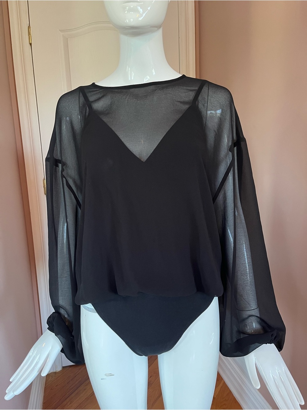 Wilfred Black Sheer Balloon-Sleeve Bodysuit